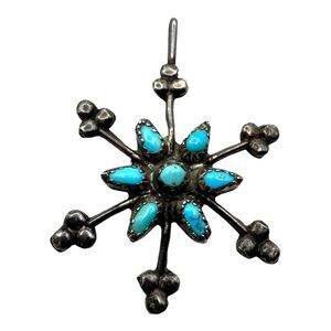 Zuni Petite Point Signed Turquoise Sterling Silver Snowflake Pendant 1.5 Vintage